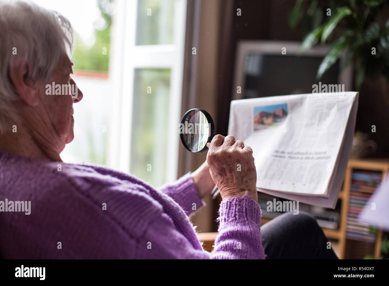 Senior woman reading morning newspaper, sitting in her favorite chair in her living room, looking happy Stock Photo
