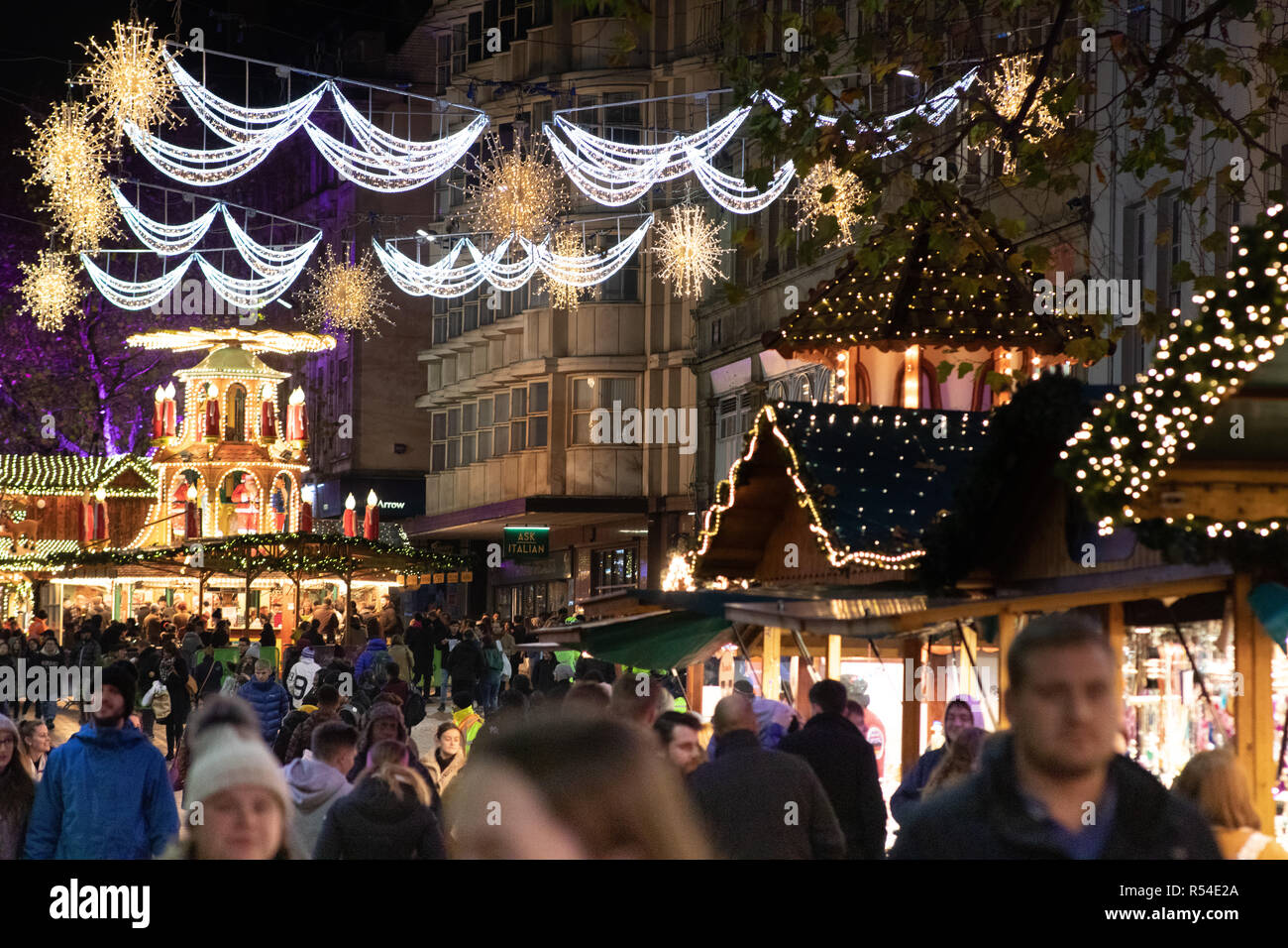 Christmas lights surrounding the Frankfurt German Market on New Street