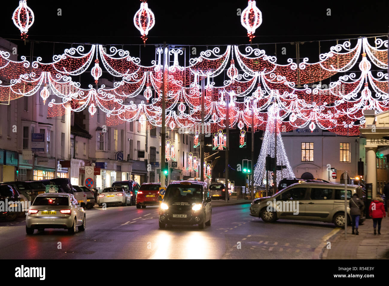 Christmas lights in Bridge Street, Stratford upon Avon, England, UK