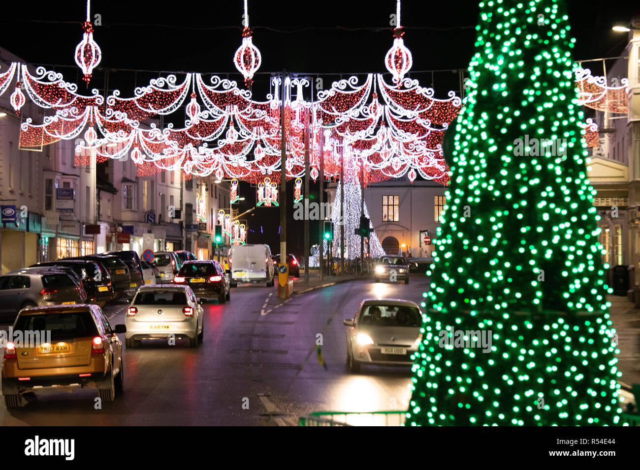 Christmas lights in Bridge Street, Stratford upon Avon, England, UK