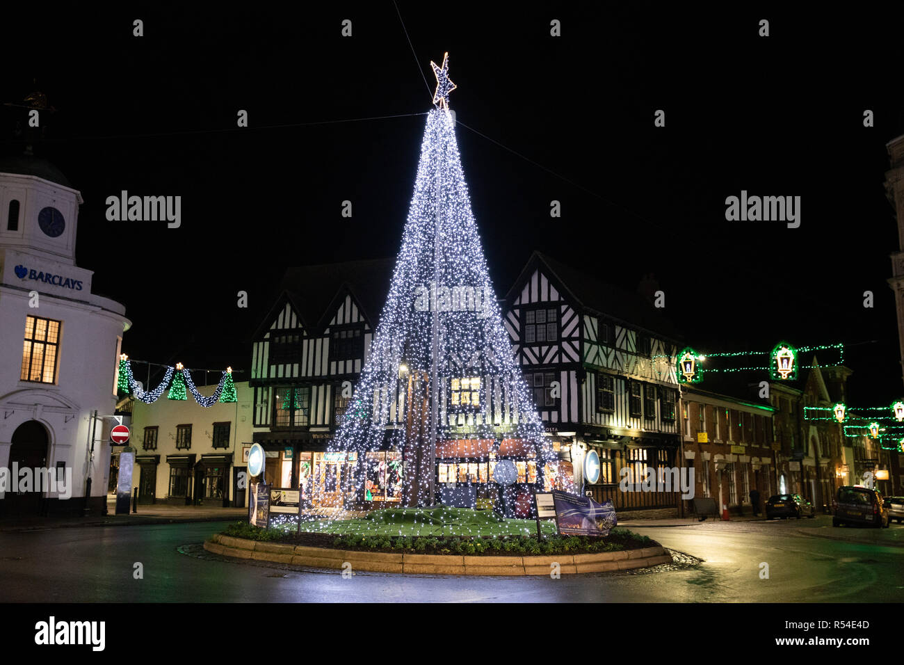 Christmas lights in Bridge Street, Stratford upon Avon, England, UK Stock Photo