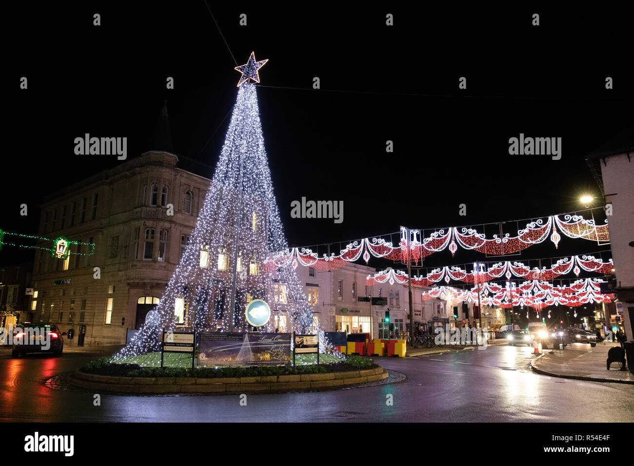 Christmas lights in Bridge Street, Stratford upon Avon, England, UK
