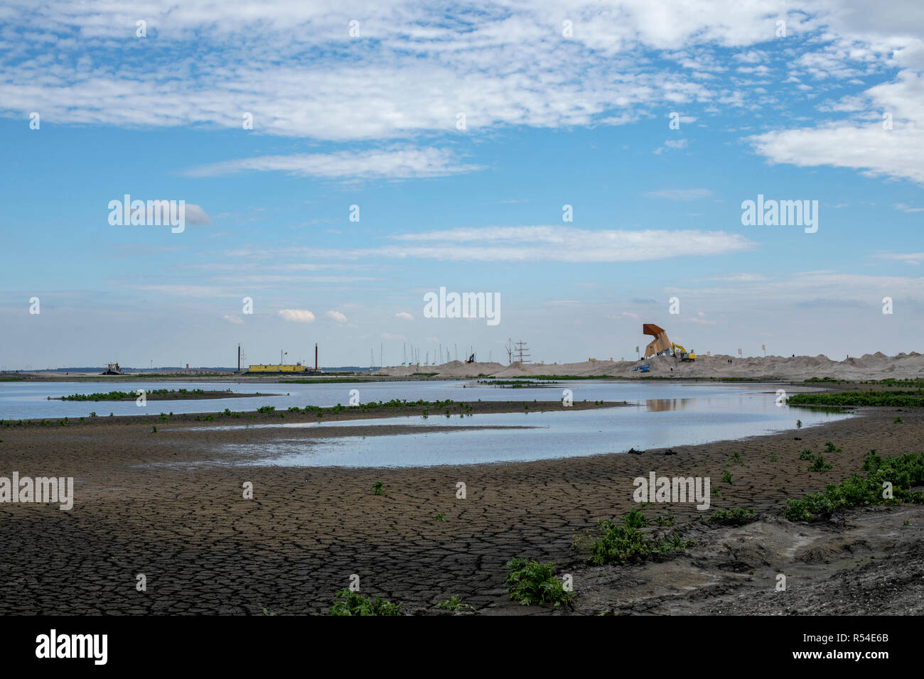 Bird watching tower on new islands, artificial archipelago in development, located in the Markermeer, a lake in the Netherlands, the Marker Wadden in  Stock Photo