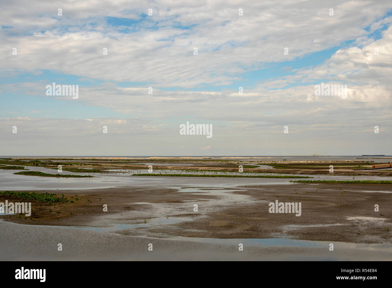 The Marker Wadden, wetland made, with blue cloudy sky. Stock Photo
