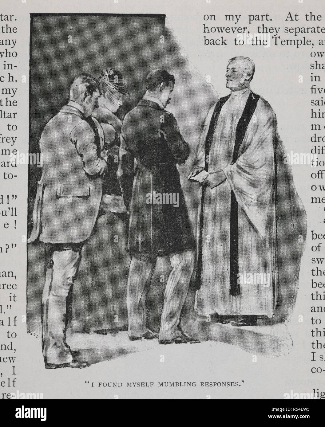 'I found myself mumbling respsonses.' Sherlock Holmes, at the wedding of Irene Adler and Godfrey Norton. Illustration for the story, 'a scandal in Bohemia.'. The Strand magazine : an illustrated monthly / edited by G. Newnes. London, 1891, July to December. Source: P.P.6004.glk, volume II. page 69. Author: DOYLE, ARTHUR CONAN. Stock Photo