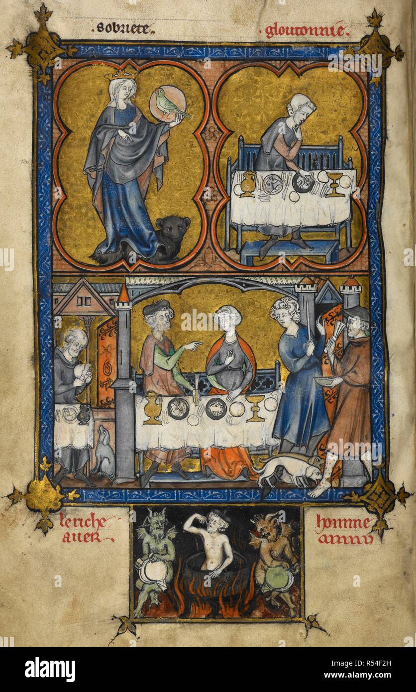 Top left compartment: Sobriety as a crowned female figure standing on a bear holding a medallion of a green parrot, with an inscription above 'sobriete'. Top right compartment: Gluttony as a young man seated at a full table and vomiting, with an inscription above 'gloutonnie'. Bottom left compartment: A seated man cutting a loaf with his dog waiting at his side. Bottom right compartment: Dives dining at table and ordering his steward to bar the way to Lazarus, dressed as a pilgrim with two dogs licking the sores on his legs; beneath, in an additional compartment, Dives in Hell, in a cauldron f Stock Photo