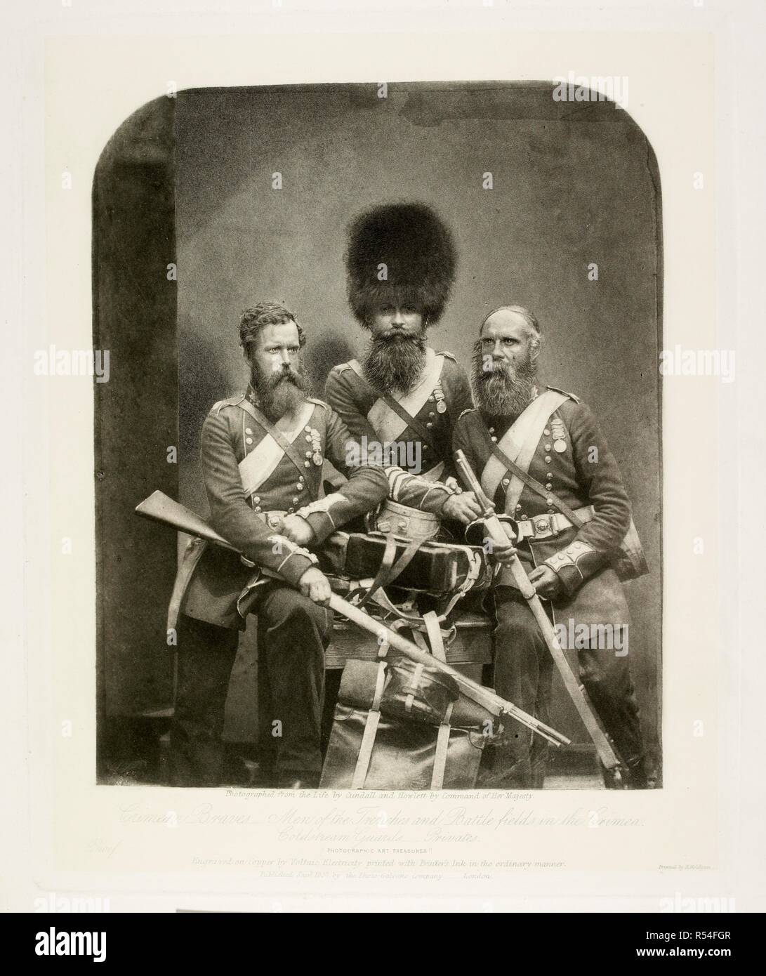 Crimean Braves, privates of the Coldstream Guards, 1857. Photographic Art Treasures. London, 1856-57. Photogalvanographic engraving. 24.7 x 19.8 cm. Source: X.1240. Author: Joseph Cundall. Stock Photo