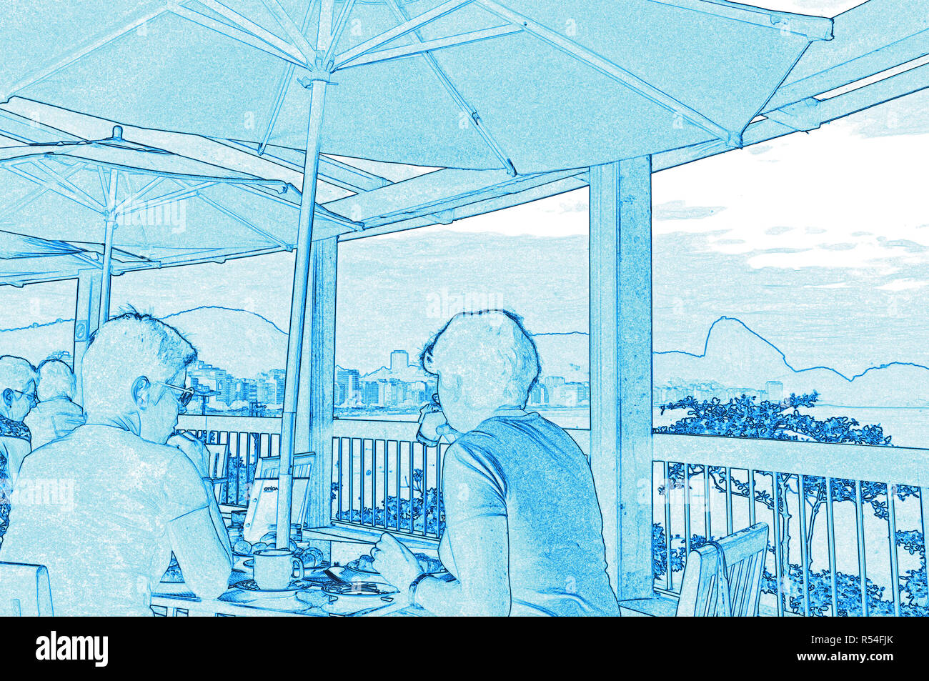 breakfast on the terrace of a restaurant with view on Copacabana beach and the Sugar loaf, Rio de Janeiro , Brazil (illustration) Stock Photo