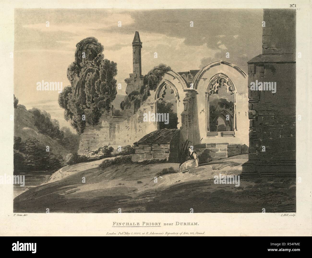 Finchale Priory. View of Finchale Priory, by Girtin, engraved by Hi. 1800. Finchale Priory near Durham.  Image taken from View of Finchale Priory, by Girtin, engraved by Hill.  Originally published/produced in 1800. . Source: Maps.K.Top.12.46.c,. Language: English. Stock Photo
