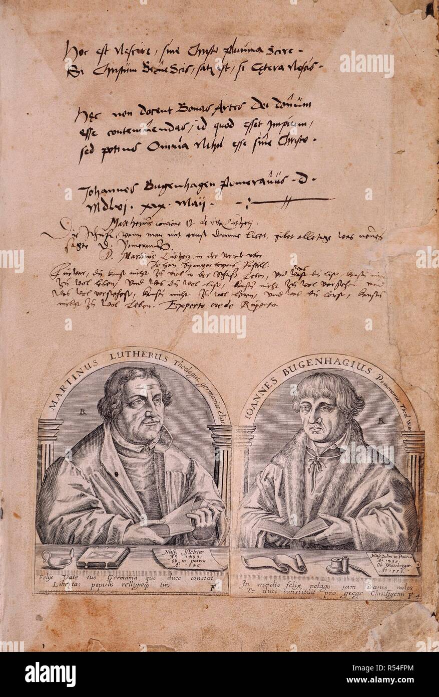 Martin Luther and J. Bugenhagius. Biblia, das ist, die gantze Heilige Schrift: Deuds. H. Lufft: Wittemberg, 1541. Martin Luther (1483-1546). German religious reformer and founder of the Reformation. John/Joannes Bugenhagius/Bugenhagen, Pomeranus, the Doctor of Pomerania, (1485-1558); Pastor of Wittenberg, associate Professor of theology, specialist for the protestant church reorganization (Brunshwig, Denmark etc.); General superintendant of Saxe, father confessor of Luther.  Image taken from Biblia, das ist, die gantze Heilige Schrift: Deudsch auffs new zugericht. D. Mart. Luth., etc. [With wo Stock Photo
