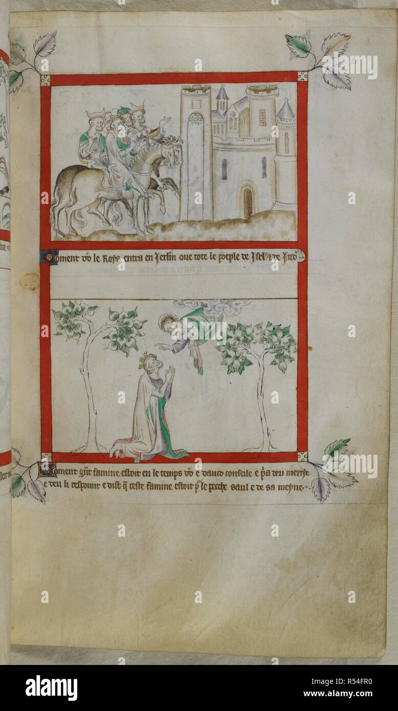 Miniature of David and his people entering Jerusalem in the upper register, and of David praying to God in the lower register. Psalter ('The Queen Mary Psalter'). England (London/Westminster or East Anglia?); between 1310 and 1320. Source: Royal 2 B. VII, f.61. Language: Latin, with French image captions. Stock Photo