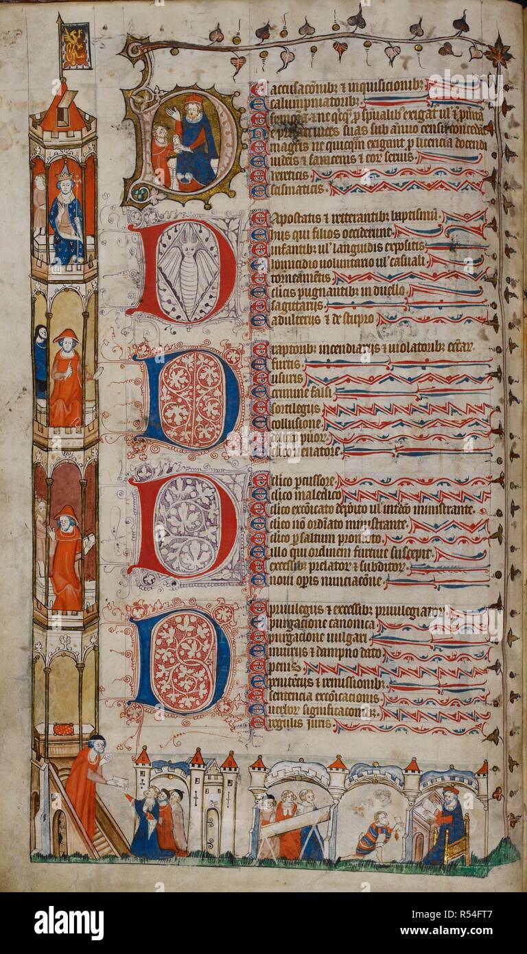 Messenger delivering letter. Smithfield Decretals [Decretals of Gregory IX]. France?; 1300-1340 [text]. England (London?); circ. Source: Royal 10 E. IV, f.3v. Language: Latin. Stock Photo