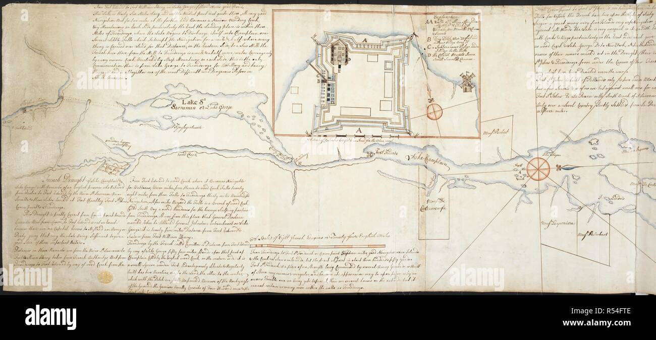 A sketch plan of Lake Champlain and Lake George, with notes. A 'French draught of Lake Champlain and Lake George; with the remarks of an English prisoner, who returned from Quebec to Fort Edward on Hudson's River, by the river St. Lawrence, river Sorrelle, and these Lakes, touched at Fort Chamblay, Fort St. Johns, Crown Point, and Ticonderogo;' drawn on a scale of 3 English miles to an inch; with a plan of Fort Frederic, on Lake Champlain, on a scale of 60 feet to an inch. ca. 1755-1759. Source: Maps.K.Top.121.16 (left). Stock Photo