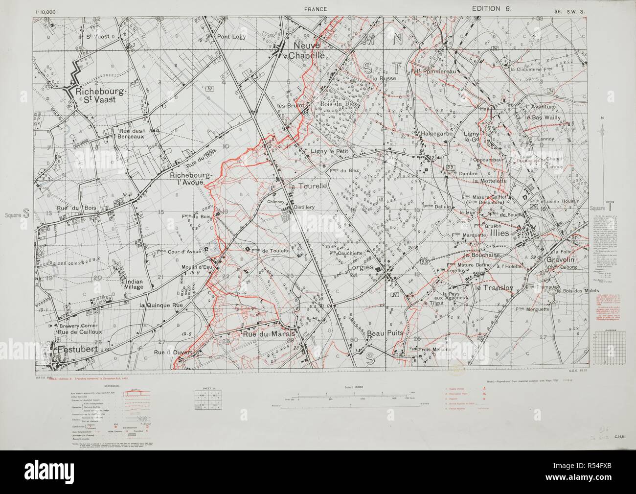 Map of the First World War, showing Neuve Chapelle, France. In red, 'trenches corrected to December, 1915'. Trench Maps [of the Battle Front in France and Belgium, showing trenches, wire entanglement, etc. With a Glossary printed on the back of the sheets]. Scale, 1: 10,000. London, 1915. 800 x 505 mm.; Scale 1: 10 000. Source: Maps.c.14.h. 36 SW 3, edition 6. Stock Photo