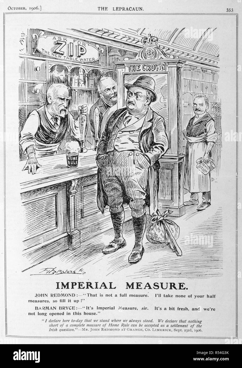 Imperial measure. The Lepracaun : Cartoon monthly. Dublin, 1905 - 1915.   Man standing at a bar. A comment on home rule for Ireland. Image taken from : The Lepracaun : Cartoon monthly.  Dublin, 1905 -1915. Source: Colindale. Stock Photo