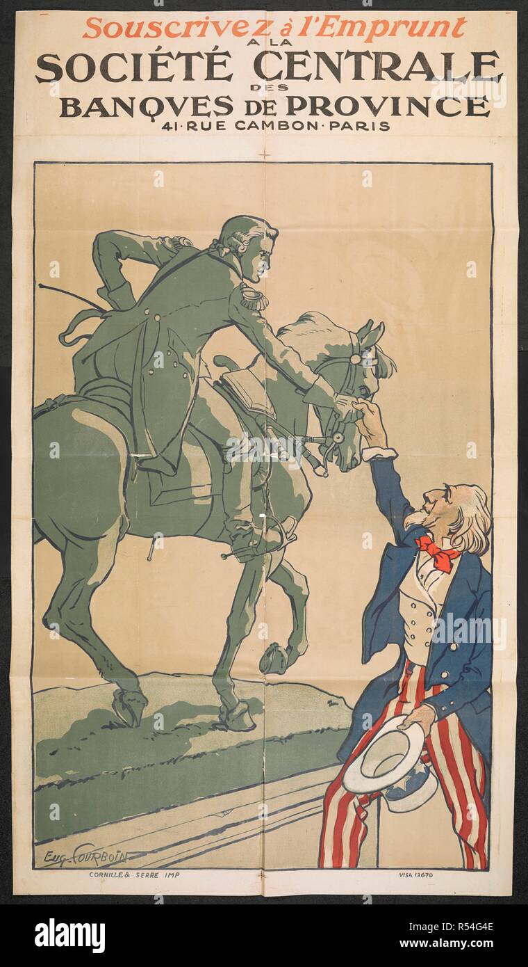 A French propaganda poster showing 'Uncle Sam' (America) shaking hands with the statue of a horseman. [A collection of English and French War (World War I) Posters.]. 1914-1919. Source: Tab.11748.a. poster 234. Stock Photo
