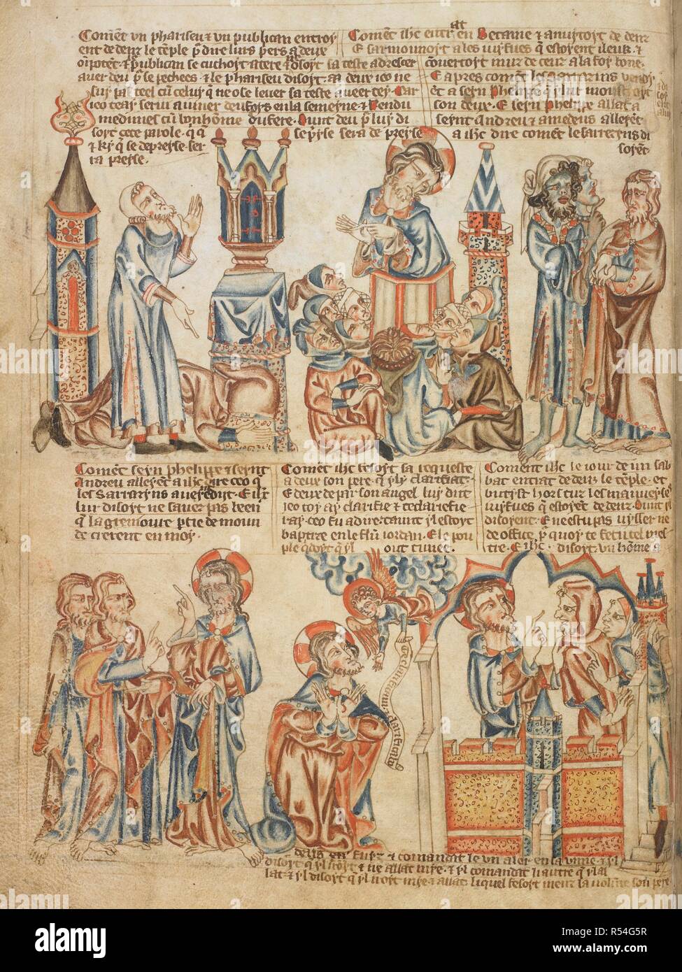 The Pharisee And The Publican Christ Preaching Christ Receiving The Word Of God From An Angel Christ In The Temple Throwing Out The Pharisees Holkham Bible Picture Book England Circa 1320 1330