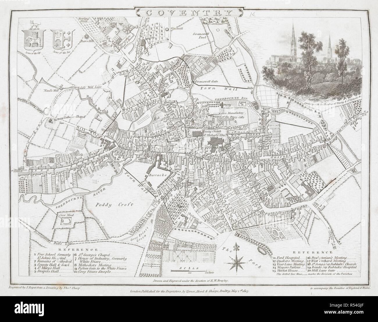 Old Maps Of Coventry A Plan Of Coventry. Coventry. Scale, 200 Yards[ = 22 Mm.] ... Engraved By  J. Roper, From A