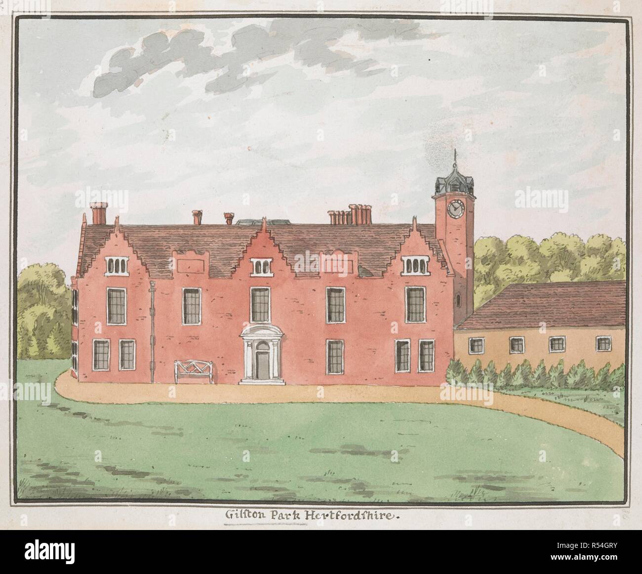 Gilston Park, a red brick Tudor house with a clock tower set in