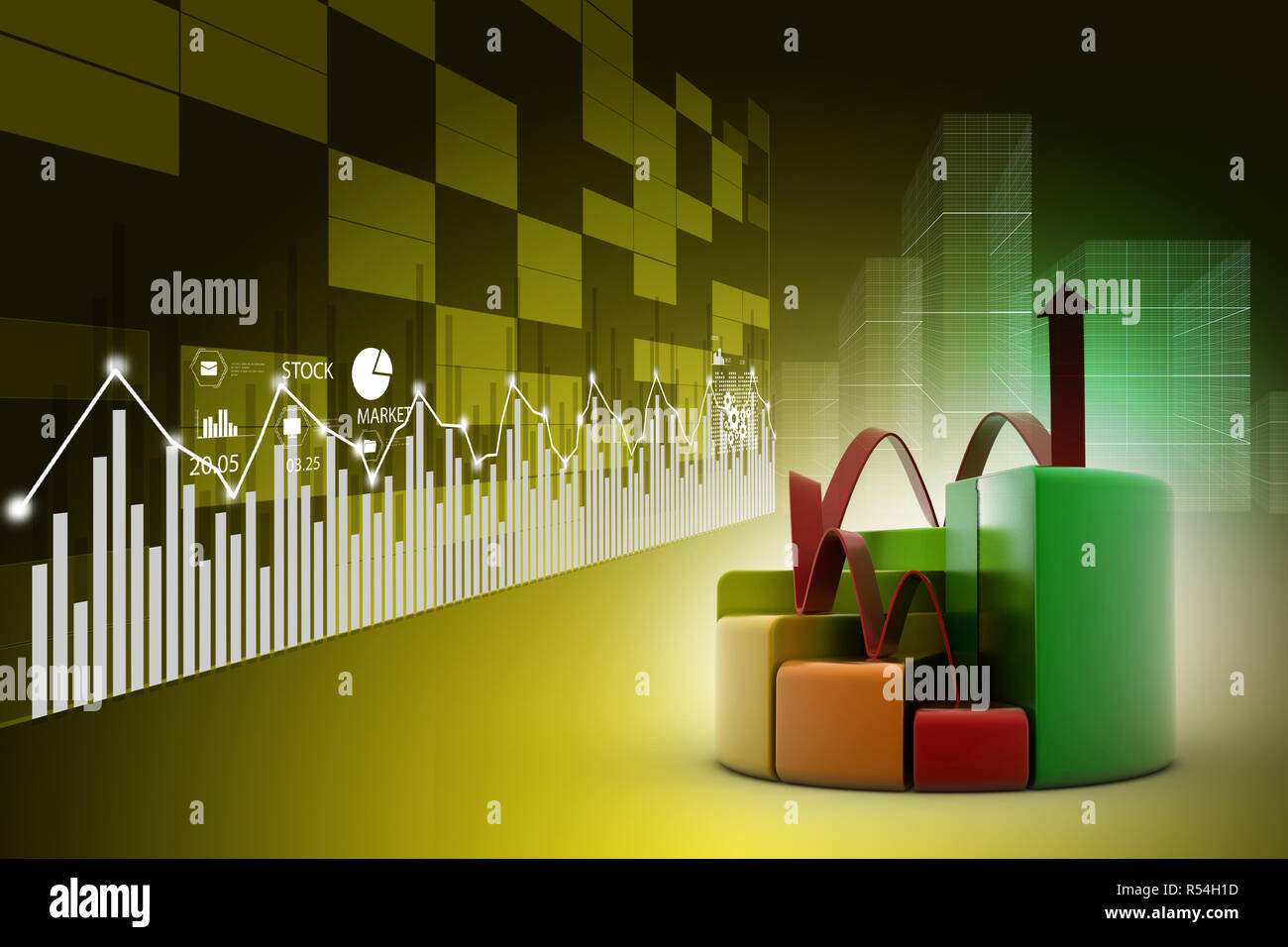 finance pie and bar chart graphs with growing arrow Stock Photo - Alamy