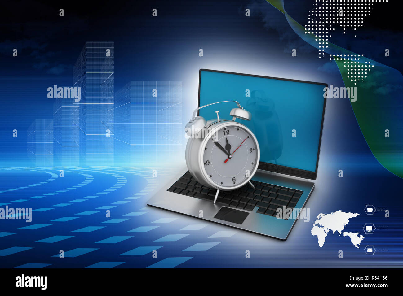 Laptop with alarm clock Stock Photo Alamy
