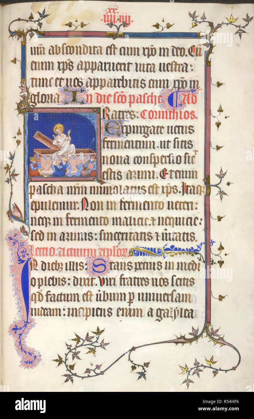 Historiated initial 'F'(ratres) of the Resurrection of Christ, with a partial bar border, at the reading for Easter. Epistolary of the Sainte-Chapelle, Use of Paris. France, Central (Paris); 2nd or 3rd quarter of the 14th century. Source: Yates Thompson 34, f.84. Language: Latin. Stock Photo