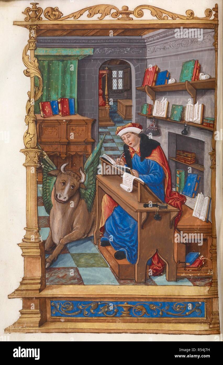 Miniature of Luke with his symbol, the ox. Explication des actes des apÃ´tres. France, Central (Paris); c. 1510. Source: Harley 4393, f.6v. Language: French. Stock Photo