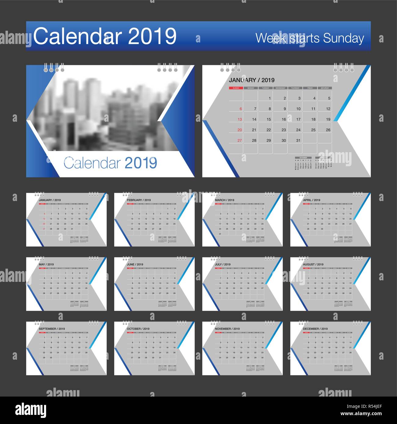 19 Calendar Desk Calendar Modern Design Template Week Starts Sunday A5 Or Paper Size Vector Illustration Stock Vector Image Art Alamy