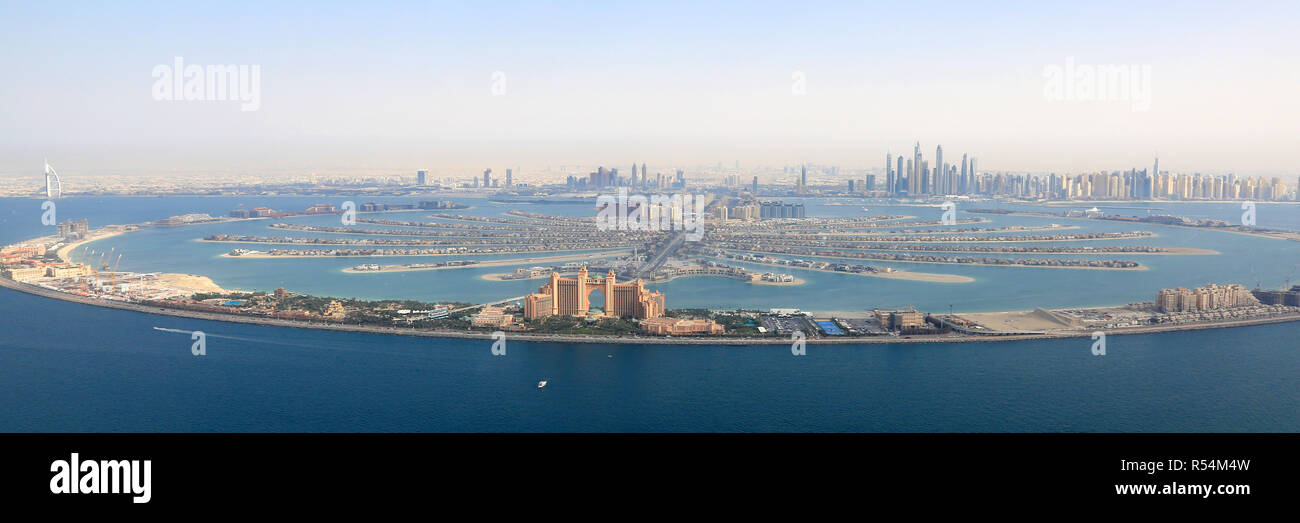 dubai the palm jumeirah palm tree atlantis hotel panorama marina aerial aerial view Stock Photo