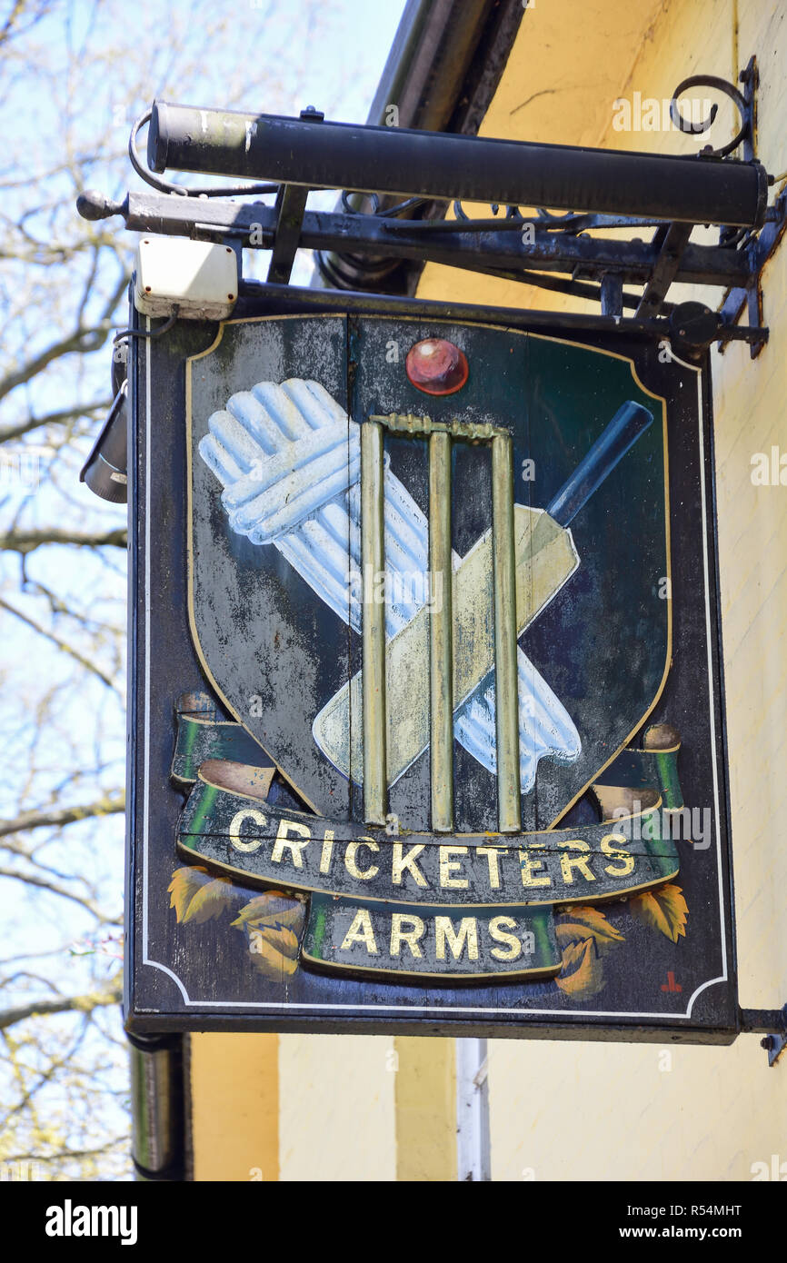 The Cricketers Arms sign, Park Lane, Wimborne Minster, Dorset, England, United Kingdom Stock