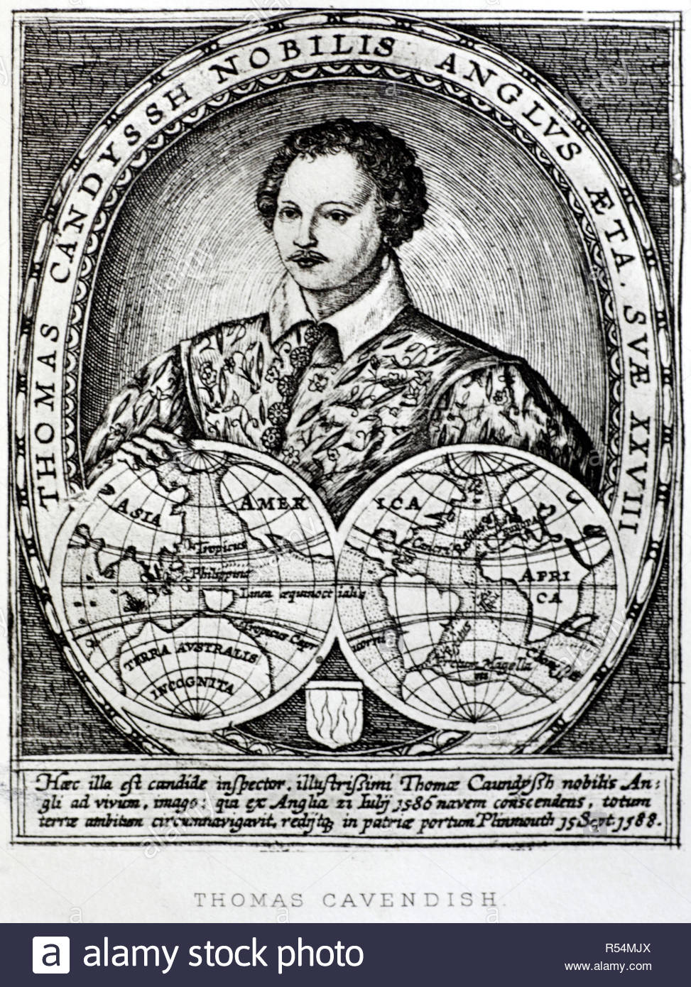 Sir Thomas Cavendish portrait, 1560 – 1592, was an English explorer and a privateer known as 'The Navigator' because he was the first who deliberately tried to emulate Sir Francis Drake and raid the Spanish towns and ships in the Pacific and return by circumnavigating the globe, illustration from c1900 Stock Photo