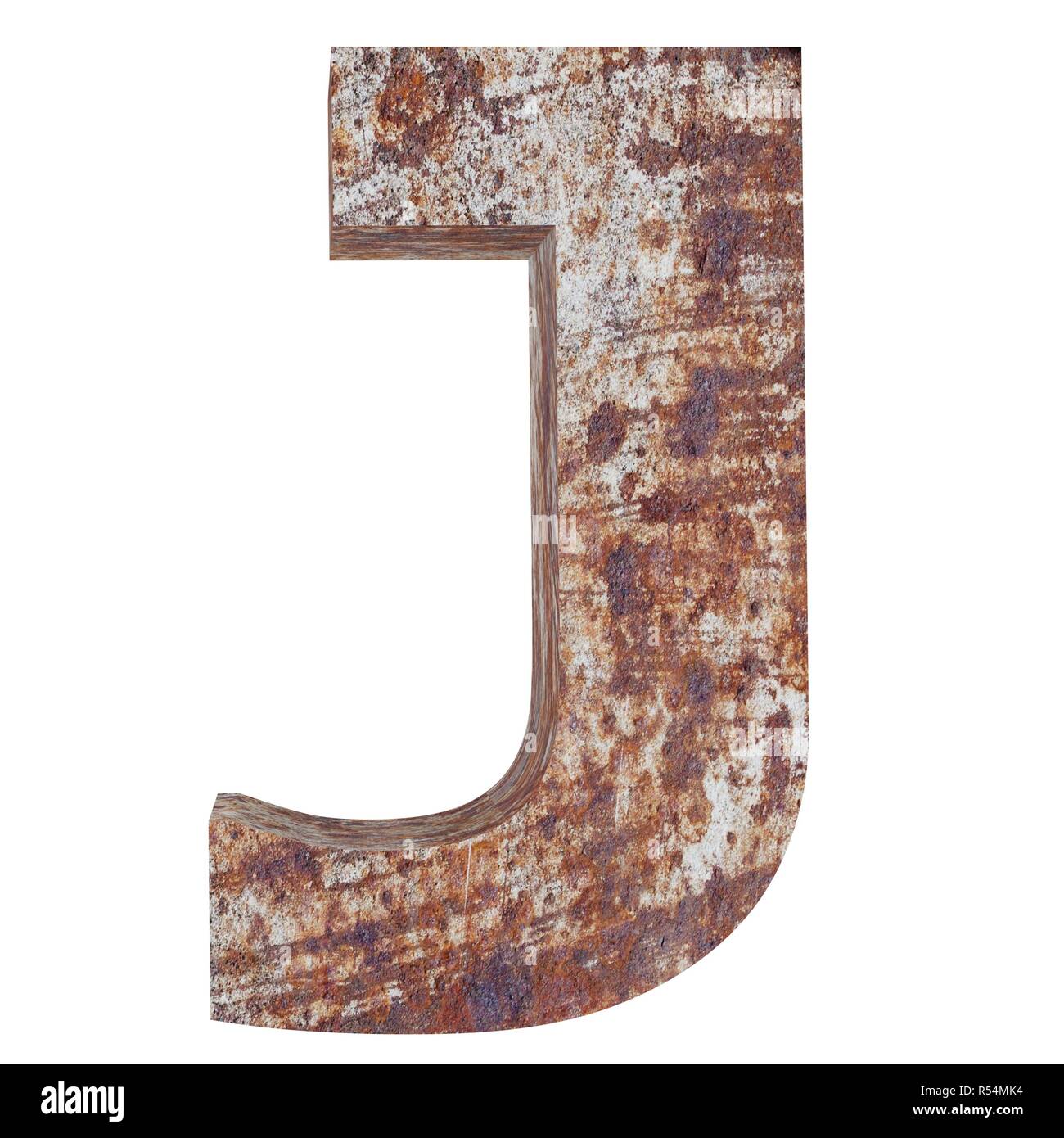 Conceptual old rusted meta capital letter -J, iron or steel industry piece isolated white background. Educative rusty material, aged vintage surface,  Stock Photo
