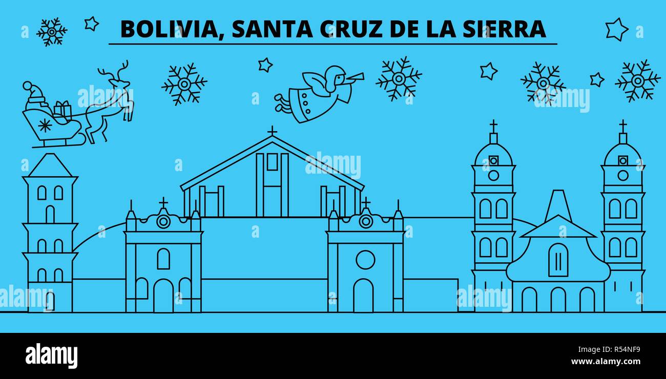 Bolivia, Santa Cruz de la Sierra winter holidays skyline. Merry Christmas, Happy New Year  with Santa Claus.Bolivia, Santa Cruz de la Sierra linear christmas city vector flat illustration Stock Vector