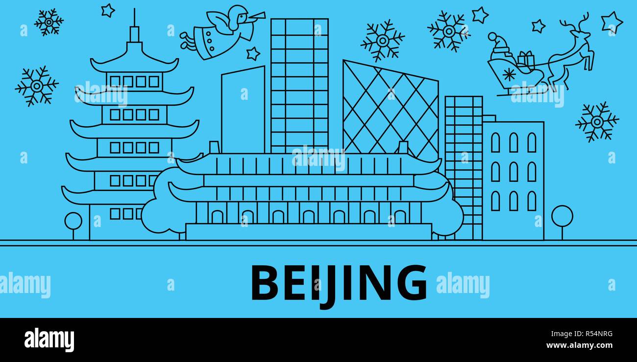 China, Beijing winter holidays skyline. Merry Christmas, Happy New Year decorated banner with Santa Claus.China, Beijing linear christmas city vector flat illustration Stock Vector