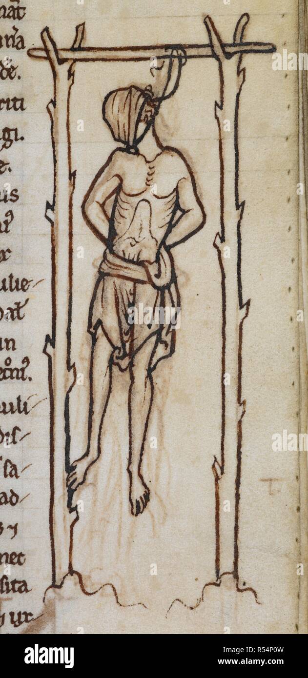 A thief on the gallows. Liber Policraticus. circa 1200. A thief hanged on the gallows. Image taken from: Liber Policraticus. Vellum. Source: Royal 12 F. VIII, f.95. Stock Photo