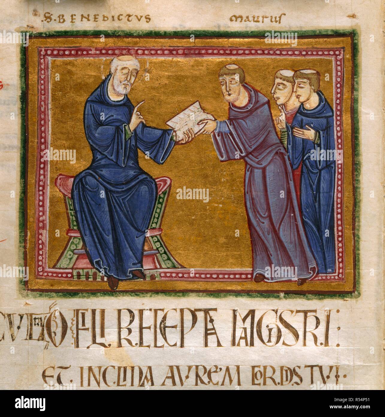 St. Benedict delivering his Rule. Rule of St Benedict. France [Monastery of St. Gilles, Nimes]; 1129. (Miniature only) St. Benedict delivering his Rule to St. Maurus and other monks of his order  Image taken from Rule of St Benedict.  Originally published/produced in France [Monastery of St. Gilles, Nimes]; 1129. . Source: Add. 16979, f.21v. Language: Latin. Stock Photo