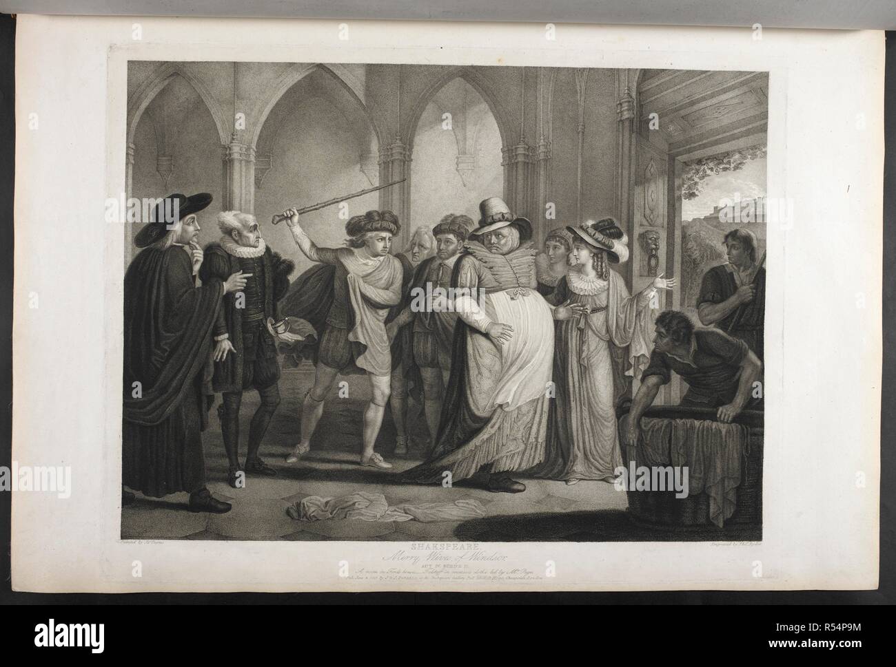 Merry wives of Windsor.  Act IV. Scene II.  A room in Ford's house. Falstaff in women's clothes led by Mrs Page.  Mr Ford about to beat Falstaff, mistaking him for the maid's aunt, saying that he had forbidden the old lady from coming to his house, especially since she is said to be a witch. He beats Falstaff and chases him out. A Collection of Prints, from pictures painted for the purpose of illustrating the Dramatic Works of Shakspeare, by the Artists of Great Britain. London : J. & J. Boydell, 1803. Source: Tab.599.c plate 11. Language: English. Author: SHAKESPEARE, WILLIAM. JAMES DURNO. Stock Photo