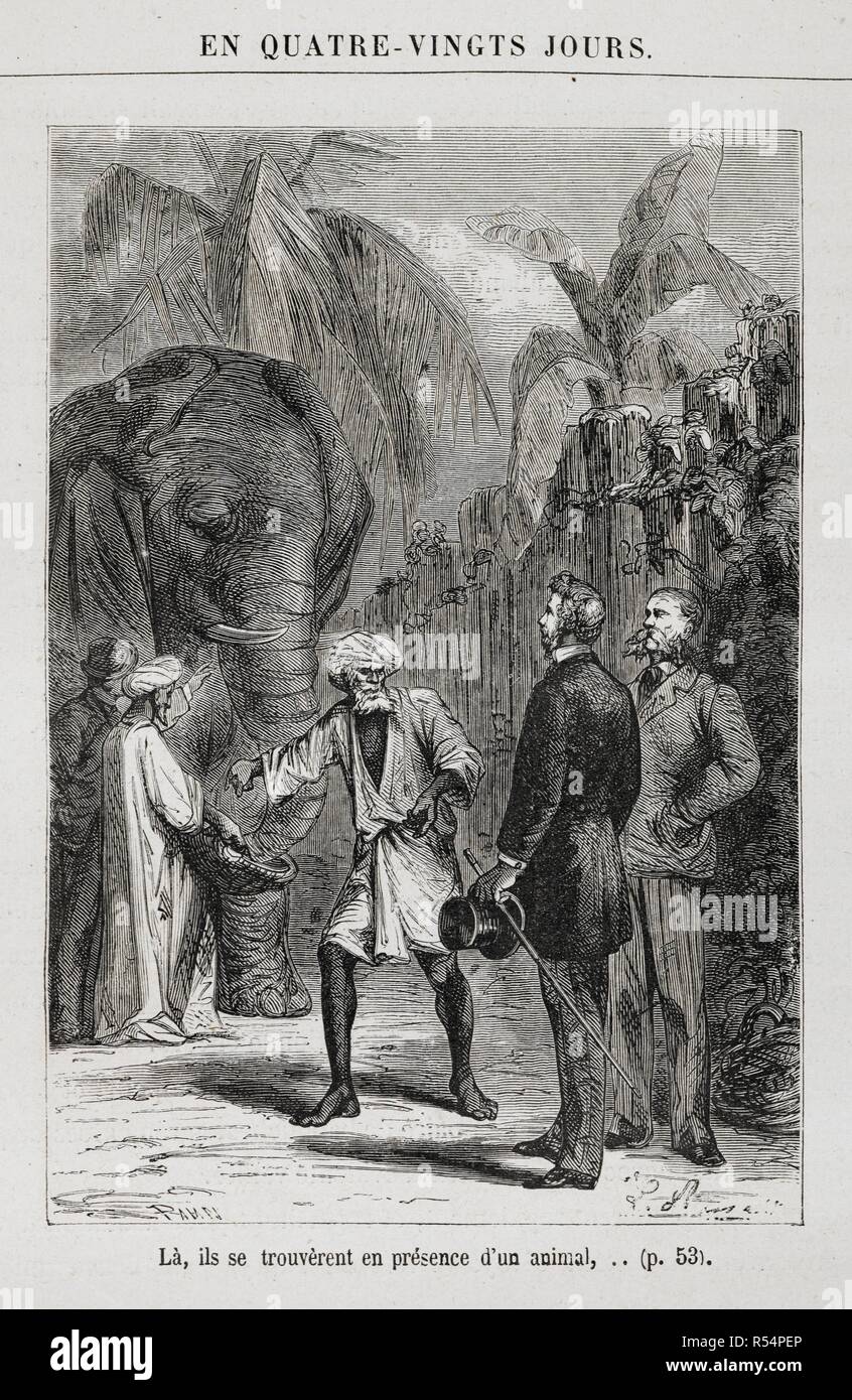 Phileas Fogg and Jean Passepartout hiring an elephant and guide in India. Illustration to the novel  'Around the World in Eighty Days'. [Le Tour du Monde en quatre-vingts jours. [A novel.] (HuitieÌ€me eÌdition.)] [Around the World in 80 Days]. Paris, [1873]. Source: 12514.l.18 page 49. Language: French. Author: VERNE, JULES. De Neuville, M. M. Stock Photo