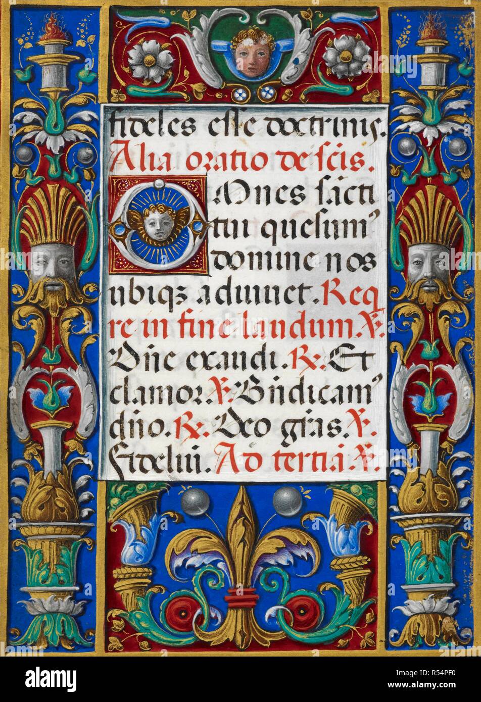 Text page from Hours of the Virgin with decorated border showing fleurs-de-lys and cornucopiae. Sforza Hours. Milan, circa 1490; Flemish insertions, 1517-1520. Source: Add. 34294, f.90v. Language: Latin. Author: Muzio Attendolo Master. Stock Photo