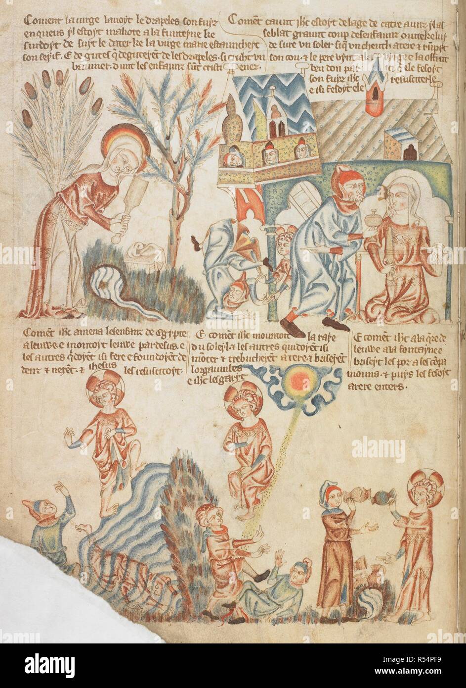 Five miracles of Christ's infancy: the miraculous spring provides water for the Virgin Mary, the Christ child revives a boy who has fallen from a tower, while the father offers a vessel to Mary; Christ climbs a mountain of water; Christ seated on a sunbeam; Christ mends broken pots. Holkham Bible Picture Book. England, circa 1320-1330. Source: Add. 47682, f.15v. Stock Photo