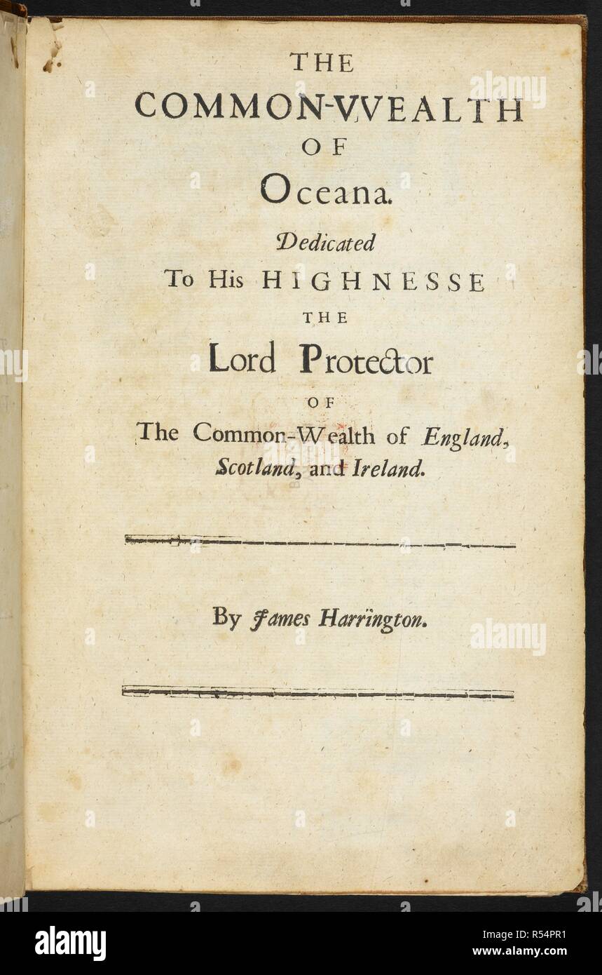 The commonwealth of Oceana. Second title page. London : J. Streater for Livewell Chapman, 1656. Source: 521.k.10, 2nd title page. Author: HARRINGTON, JAMES. Stock Photo