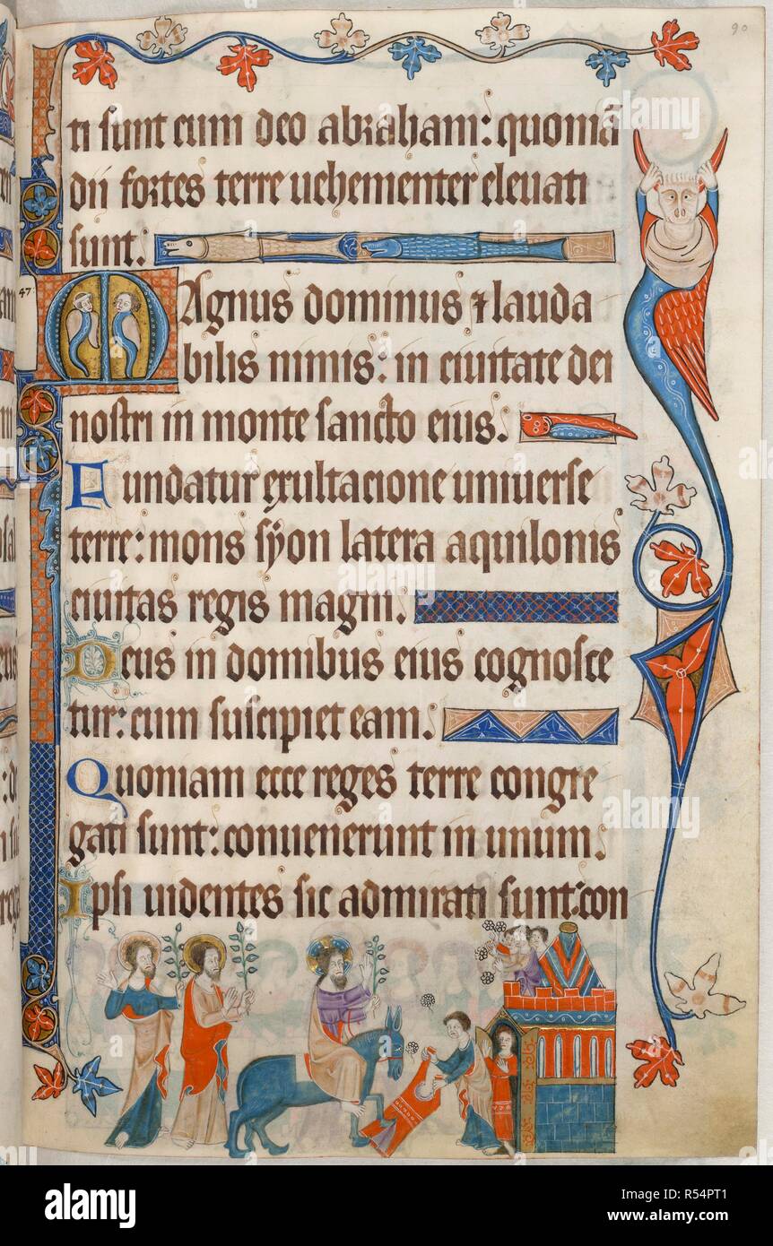 Christ's Entry into Jerusalem. Luttrell Psalter. England [East Anglia]; circa 1325-1335. [Whole folio] End of Psalm 46. Psalm 47 beginning with initial 'M', two grotesques with serpent tails, wings, and human heads. Border decoration including a grotesque with a calf's head and two horns. In the lower margin, Christ, seated on a donkey and holding a palm frond, with two disciples walking behind. They approach a stylised brightly painted booth, representing Jerusalem, with open doors framing two men, one of whom casts down a cloak. From the crenellated roof, three citizens throw flowers  Image  Stock Photo