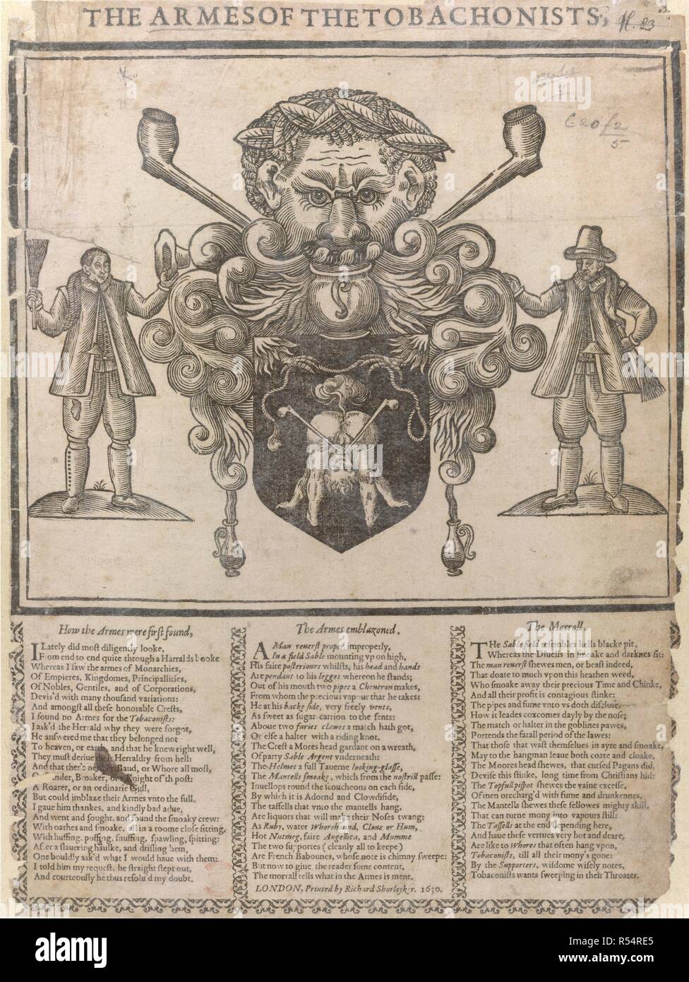 Smoking pipes. A face from which two pipes protrude. The Armes of the Tobachonists. [Satirical verses with an emblematical woodcut.]. R. Shorleyker: London, 1630. Source: C.30.f.2.(5). Language: English. Stock Photo