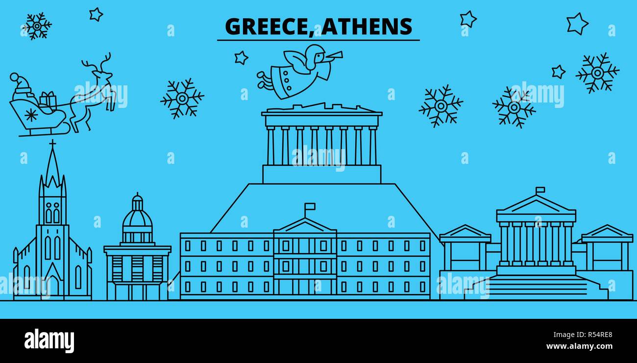 Greece, Athens winter holidays skyline. Merry Christmas, Happy New Year decorated banner with Santa Claus.Greece, Athens linear christmas city vector flat illustration Stock Vector