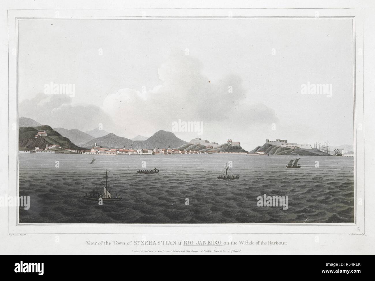 Boats and sailing ships on Guanabara Bay in the foreground, with the city of Rio de Janeiro by the sea in the middle, fortifications and the harbour on the right and the mountains of Sierra del Mar in the background . View of the Town of ST. SEBASTIAN at RIO JANEIRO on the W. Side of the Harbour. London : Pubd. Jan.y 1. 1812. by Edw.d Orme, Printseller to the King. Engraver & Publisher, Bond Str.t corner of Brook St., [January 1 1812]. Hand-coloured aquatint and etching. Source: Maps K.Top.124.59.a. Language: English. Author: Jeakes, J. Stock Photo
