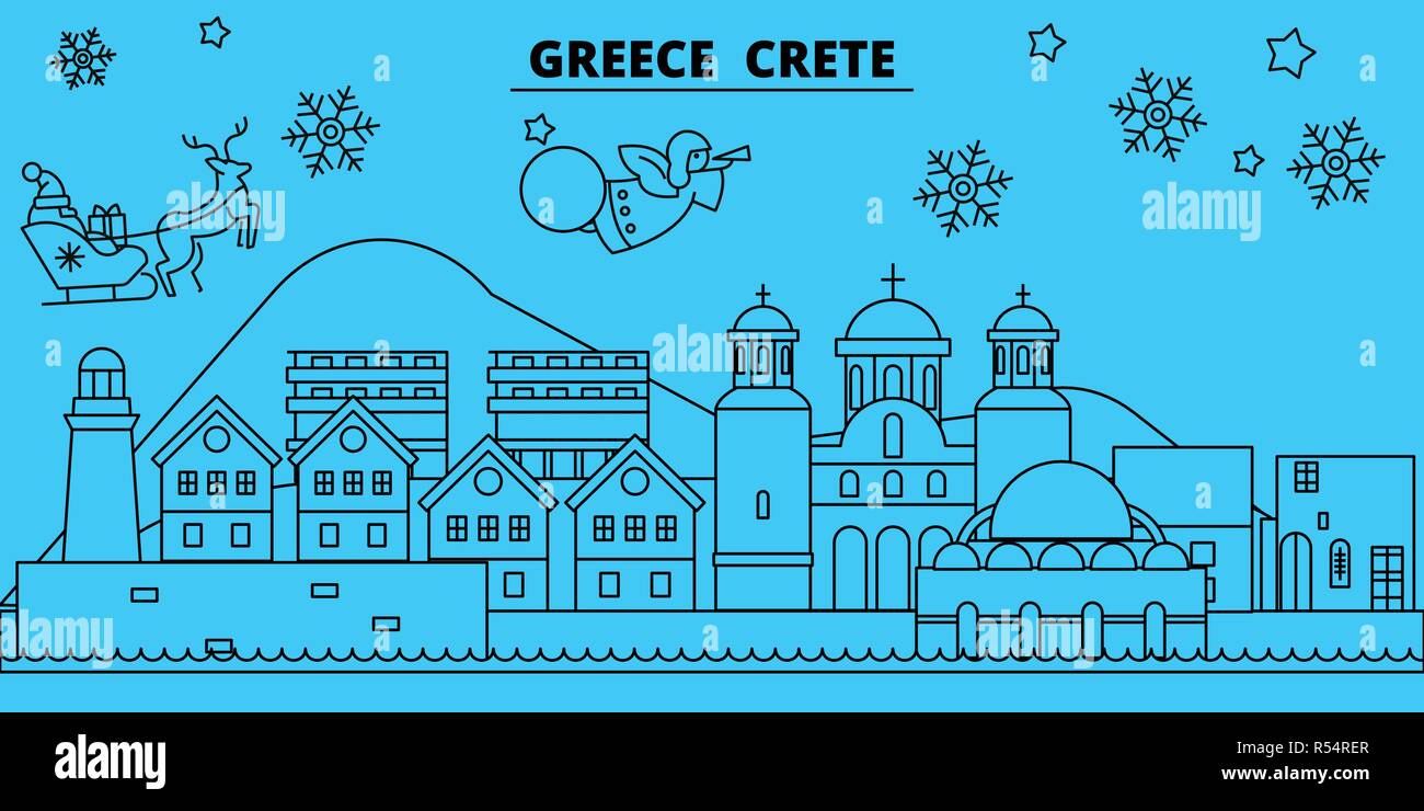 Greece, Crete winter holidays skyline. Merry Christmas, Happy New Year decorated banner with Santa Claus.Greece, Crete linear christmas city vector flat illustration Stock Vector