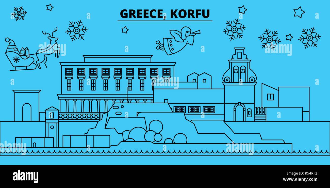Greece, Korfu winter holidays skyline. Merry Christmas, Happy New Year decorated banner with Santa Claus.Greece, Korfu linear christmas city vector flat illustration Stock Vector