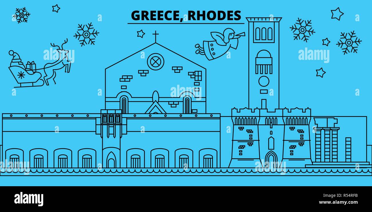 Greece, Rhodes winter holidays skyline. Merry Christmas, Happy New Year decorated banner with Santa Claus.Greece, Rhodes linear christmas city vector flat illustration Stock Vector