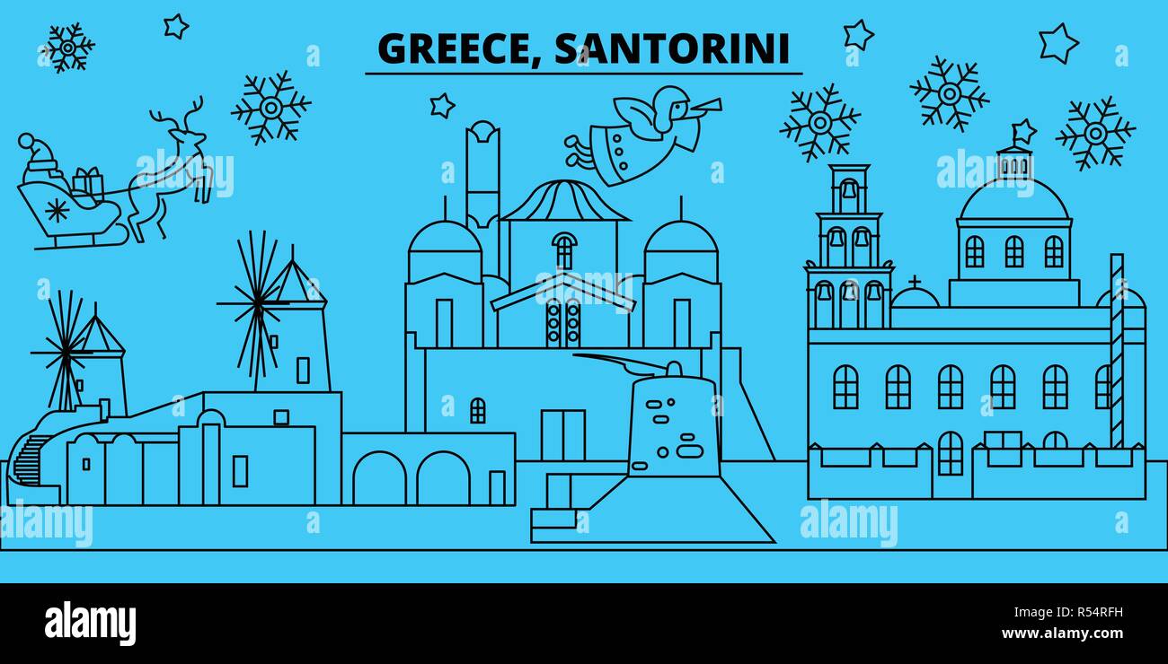 Greece, Santorini winter holidays skyline. Merry Christmas, Happy New Year decorated banner with Santa Claus.Greece, Santorini linear christmas city vector flat illustration Stock Vector