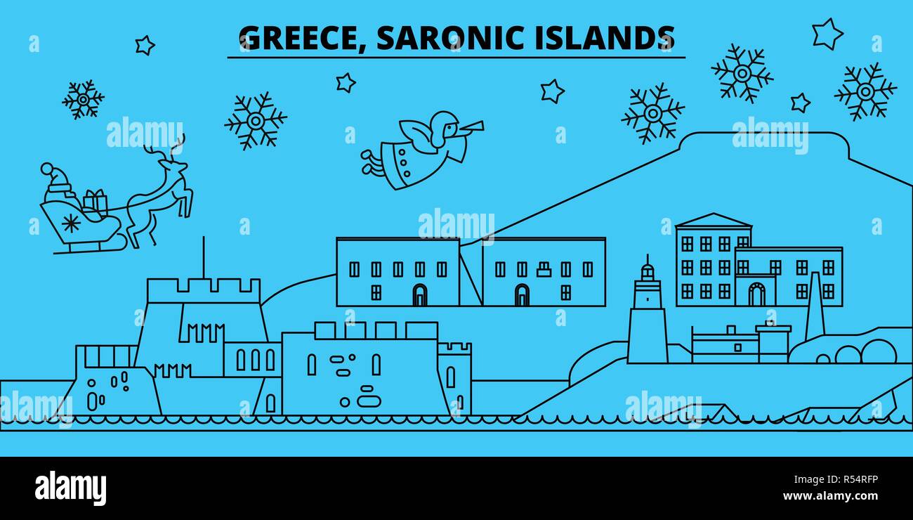 Greece, Saronic Islands winter holidays skyline. Merry Christmas, Happy New Year decorated banner with Santa Claus.Greece, Saronic Islands linear christmas city vector flat illustration Stock Vector